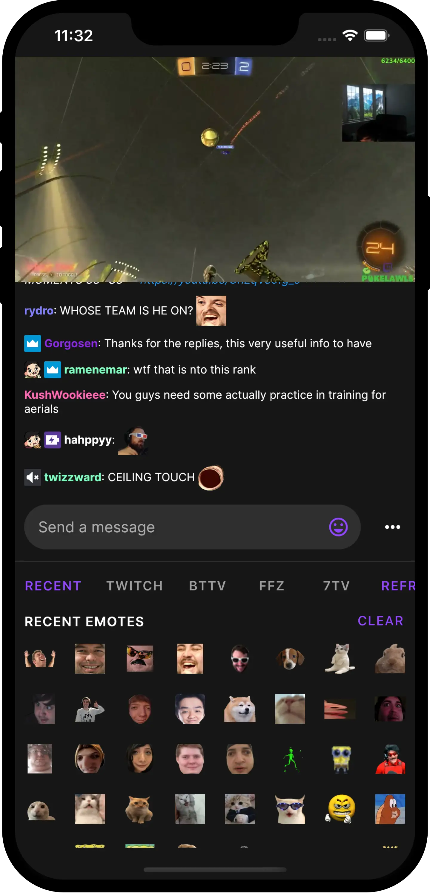 Screenshot of the channel view with pokelawls' video stream and live chat and the emote menu expanded.