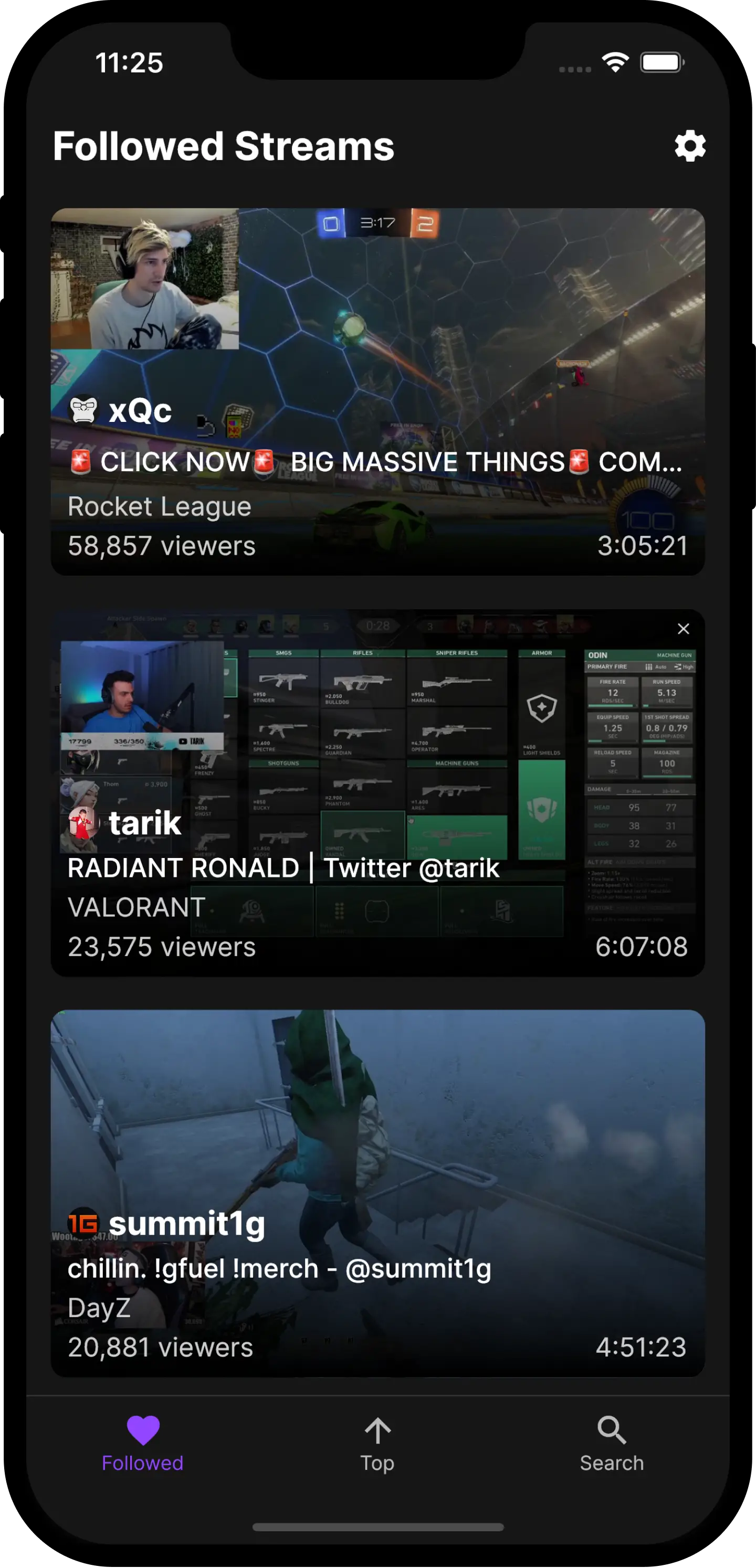 Screenshot of the followed streams tab, showing a list of live channels with thumbnails and stream details.