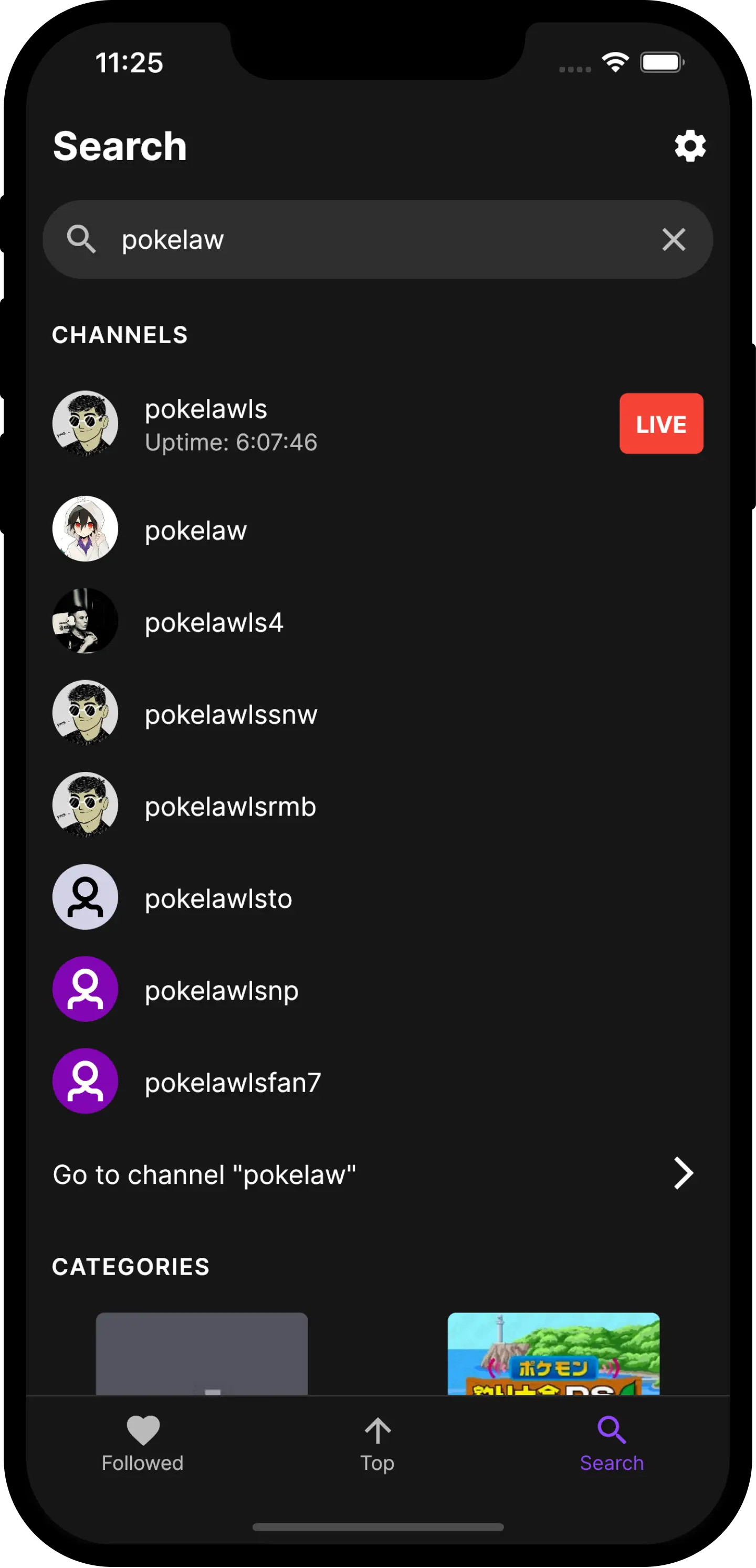 Screenshot of the search tab, showing the channel and category results from a search query of "pokelaw".
