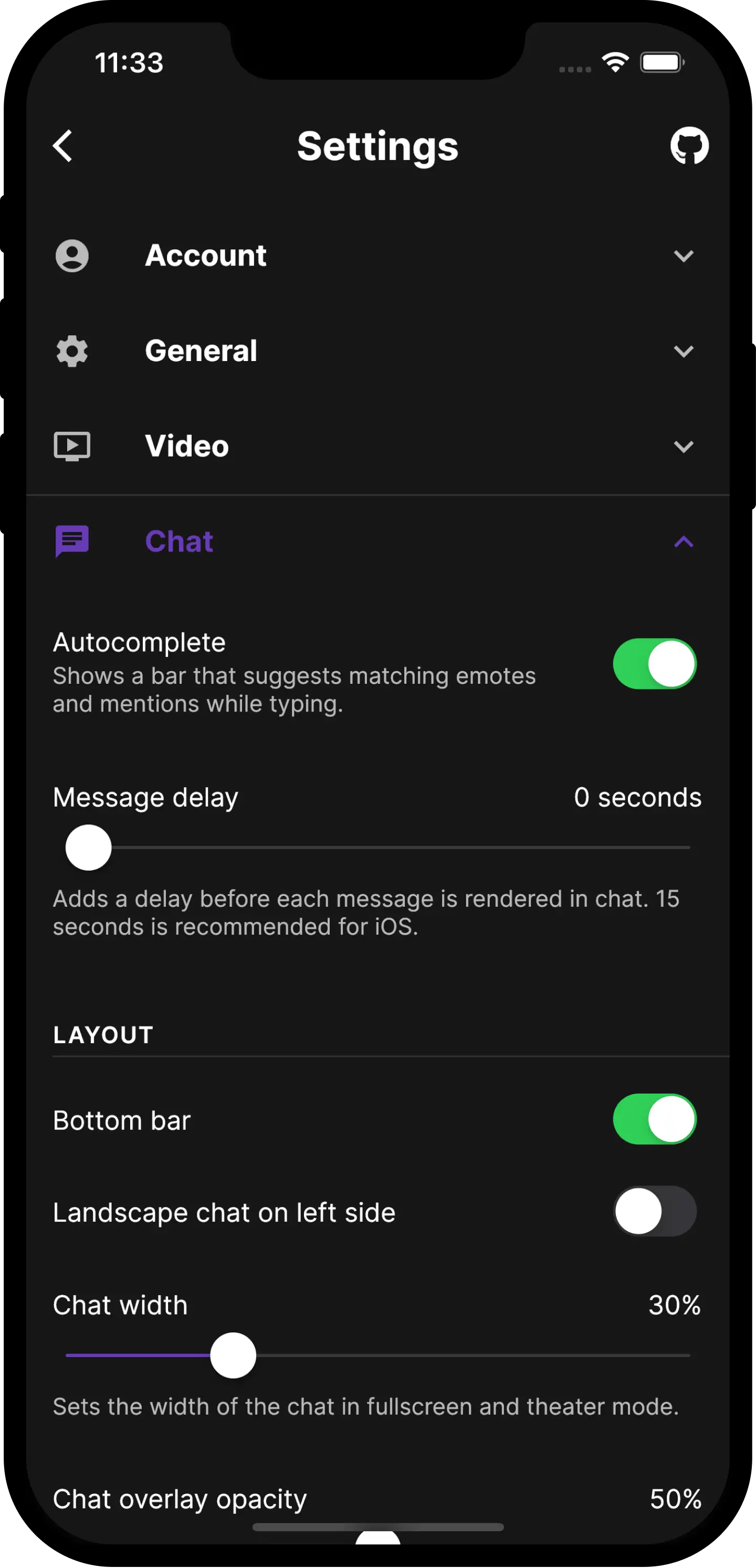 Screenshot of the settings section with the chat options expanded.